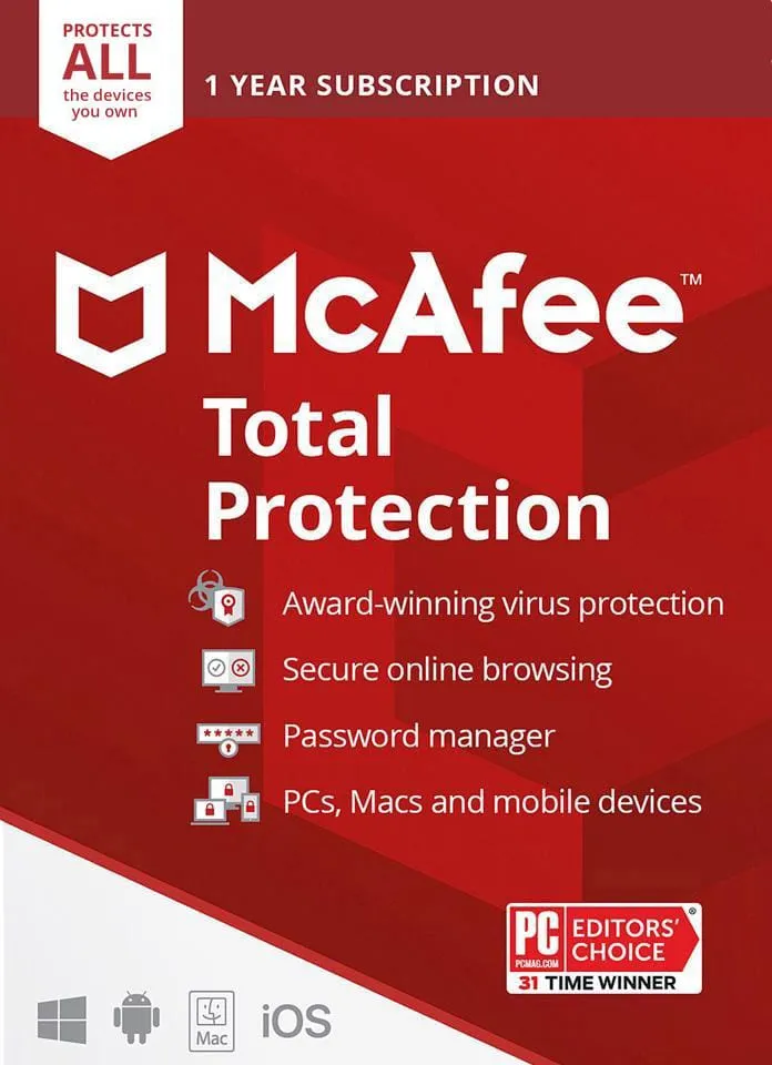 McAfee Total Protection Unlimited Devices 1 Year Windows/Mac/Android/iOS (Email Delivery) (Global Code) — NexoKey Maroc